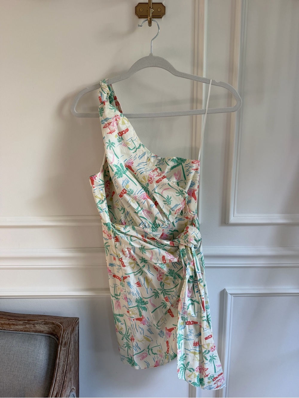Karlie One-Shoulder Tropical Wrap Dress - Cream, Green, Pink